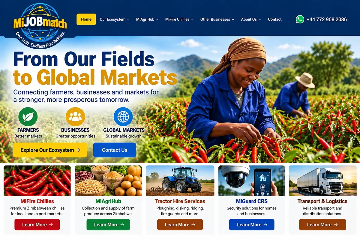 MiJOBmatch ecosystem showing MiFire Chillies, MiAgriHub, tractor hire services, MiGuard CRS and transport and logistics in a Zimbabwean agricultural setting